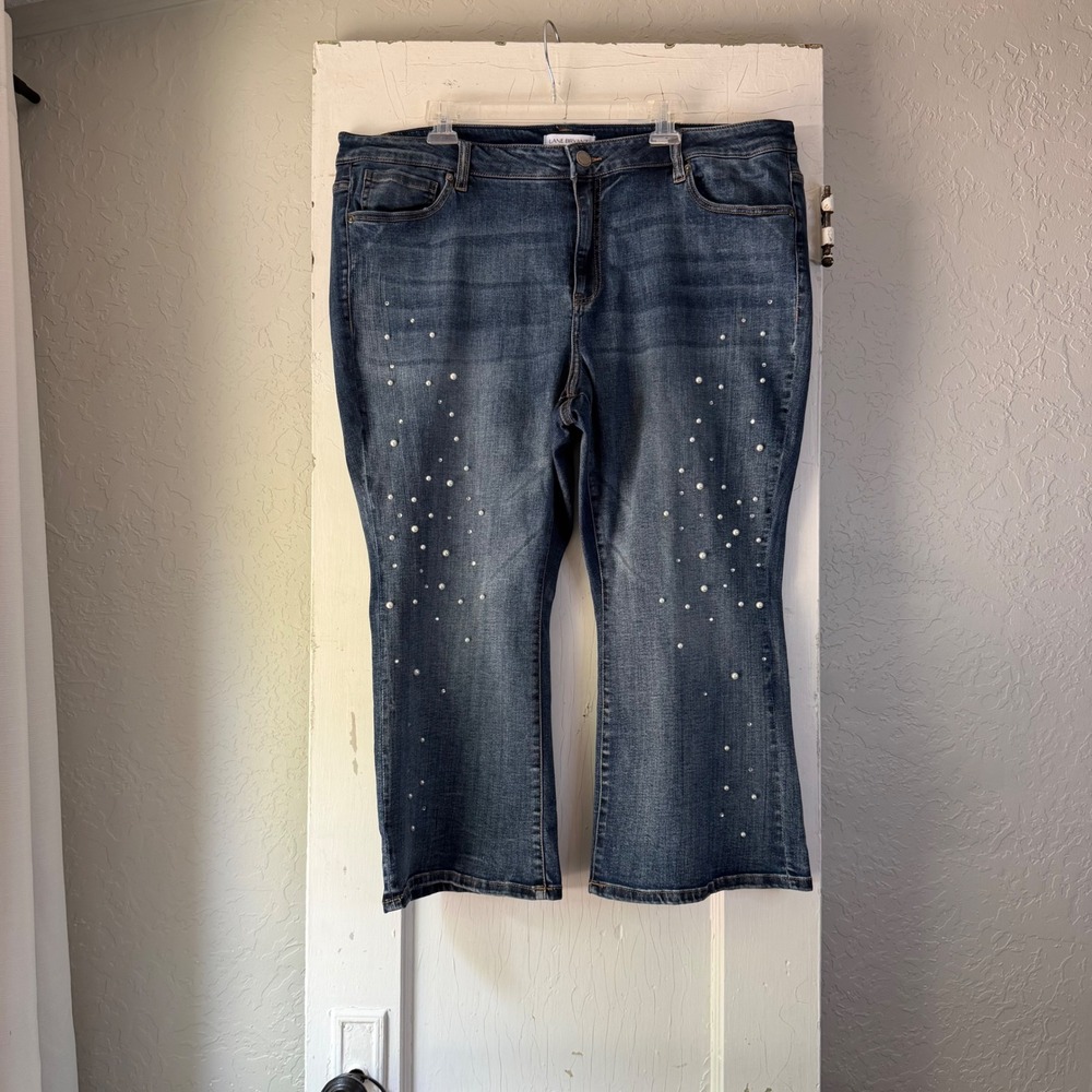 Lane Bryant Pearl Embellished Crop Flare Jeans Blue 22 Stretch Medium Wash Denim
